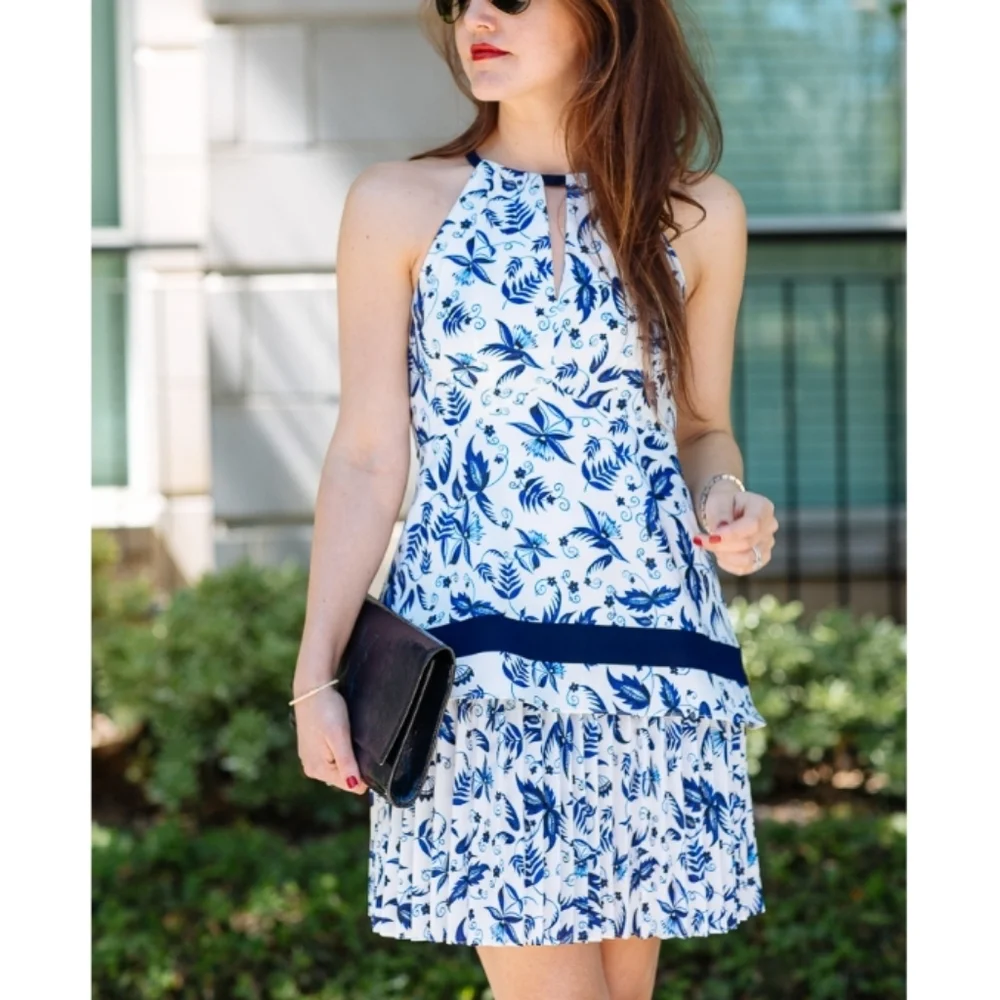 Shoshanna White and Navy Blue Floral Halter Mini Dress - Picture 11 of 14